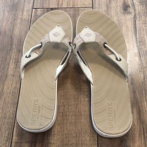 Sperry Top-Sider Beige Leather Flip Flop Sandals Slip On Flats Slides